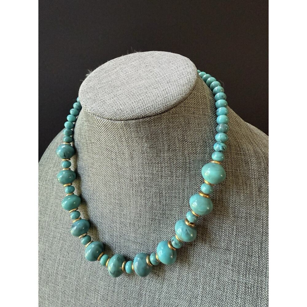 Vintage Acrylic Bead Beaded Necklace Faux Turquoise Gold Tone Y2K 80s Cocktail